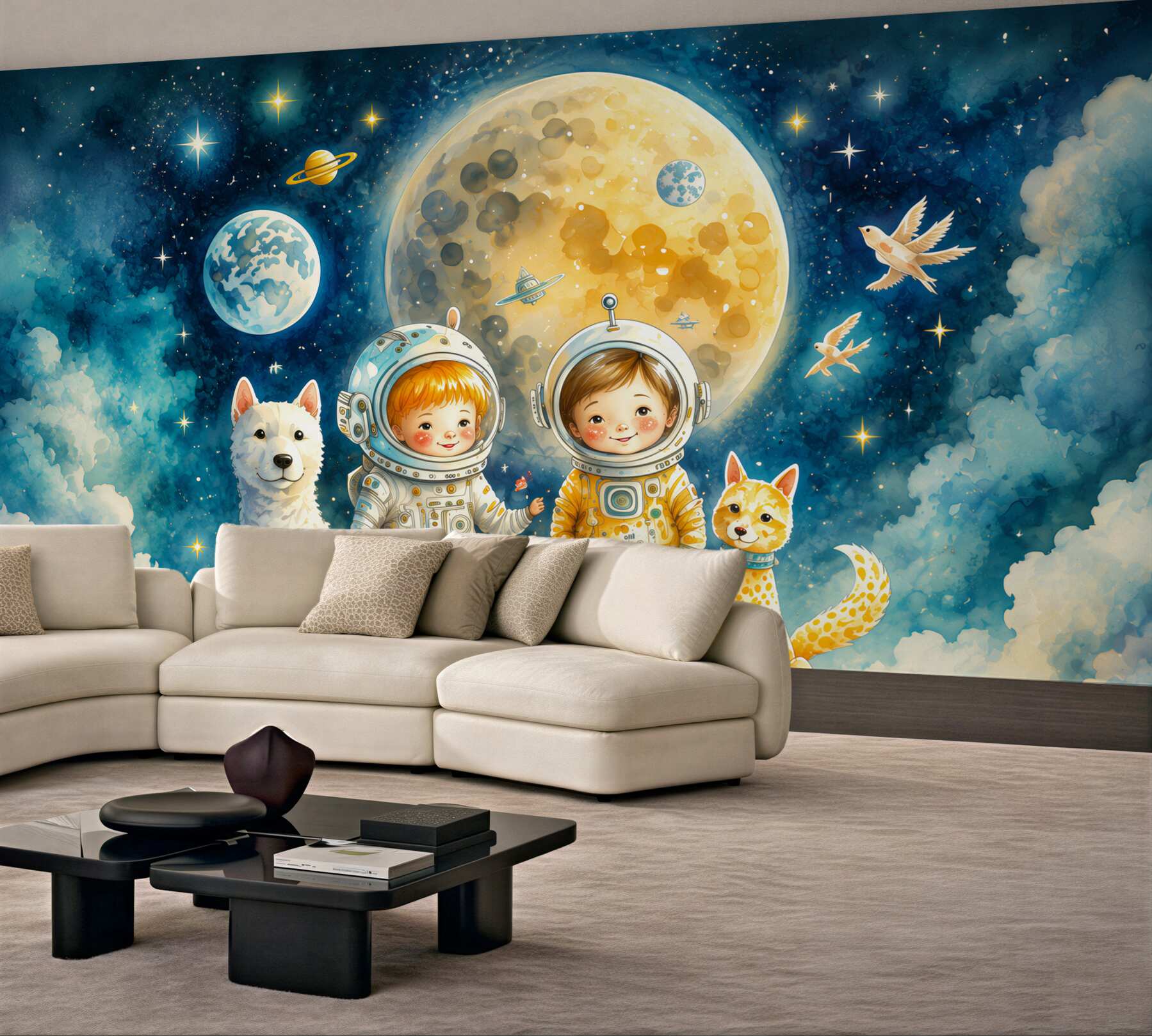 Fotobehang kinderen met dieren in de ruimte