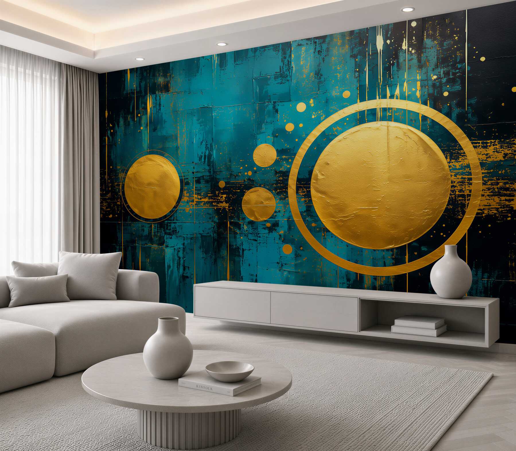 Fotobehang Gouden cirkels op een turquoise achtergrond