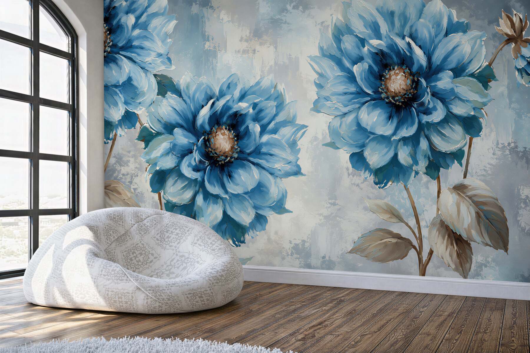 Fotobehang blauwe bloemen en vogels tijdens de zomerregen