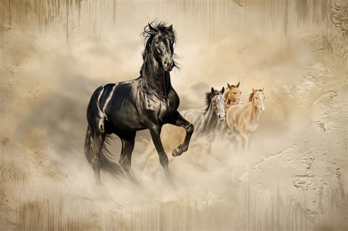 Fotobehang paardenomheining die over een weiland lopen