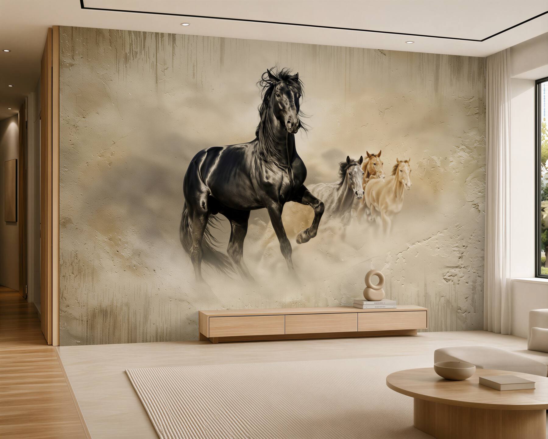 Fotobehang paardenomheining die over een weiland lopen