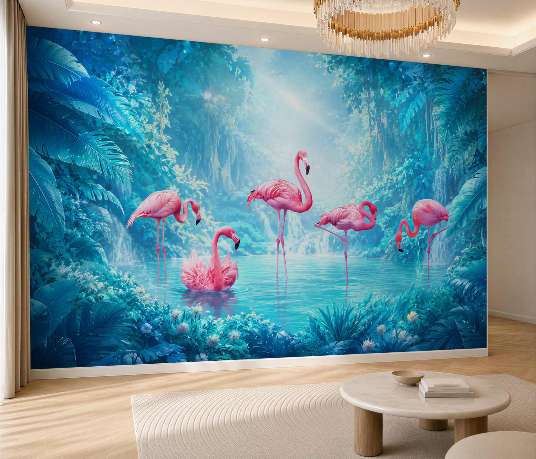 Fotobehang roze flamingo in het nachtwater
