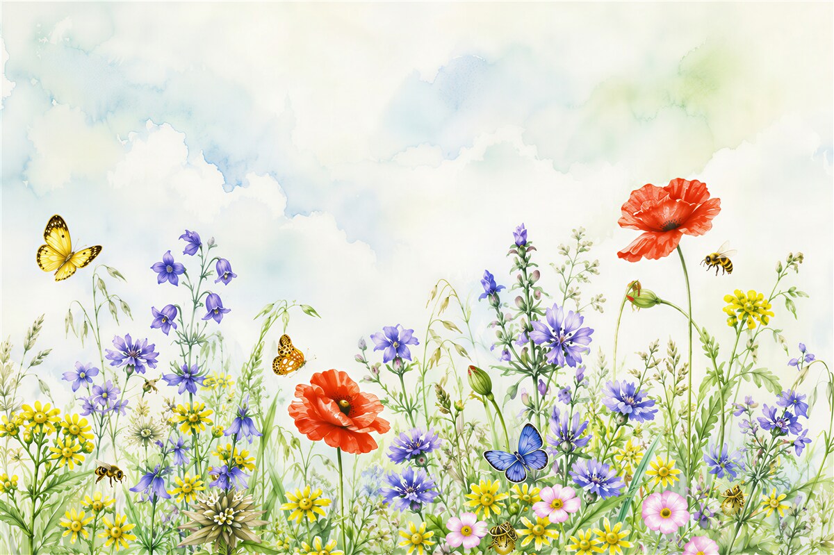 Fotobehang heldere zomerbloemen en vlinders