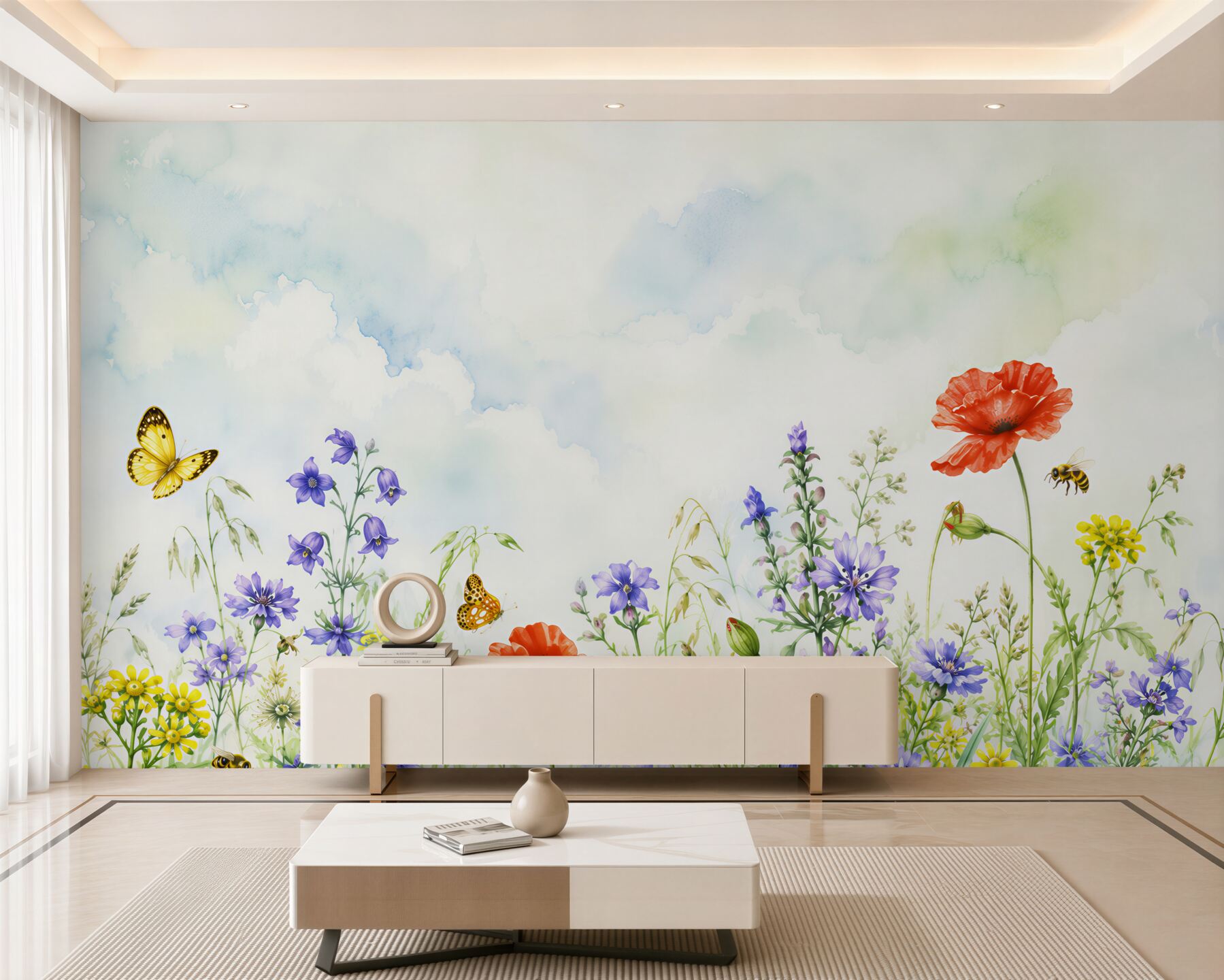 Fotobehang heldere zomerbloemen en vlinders