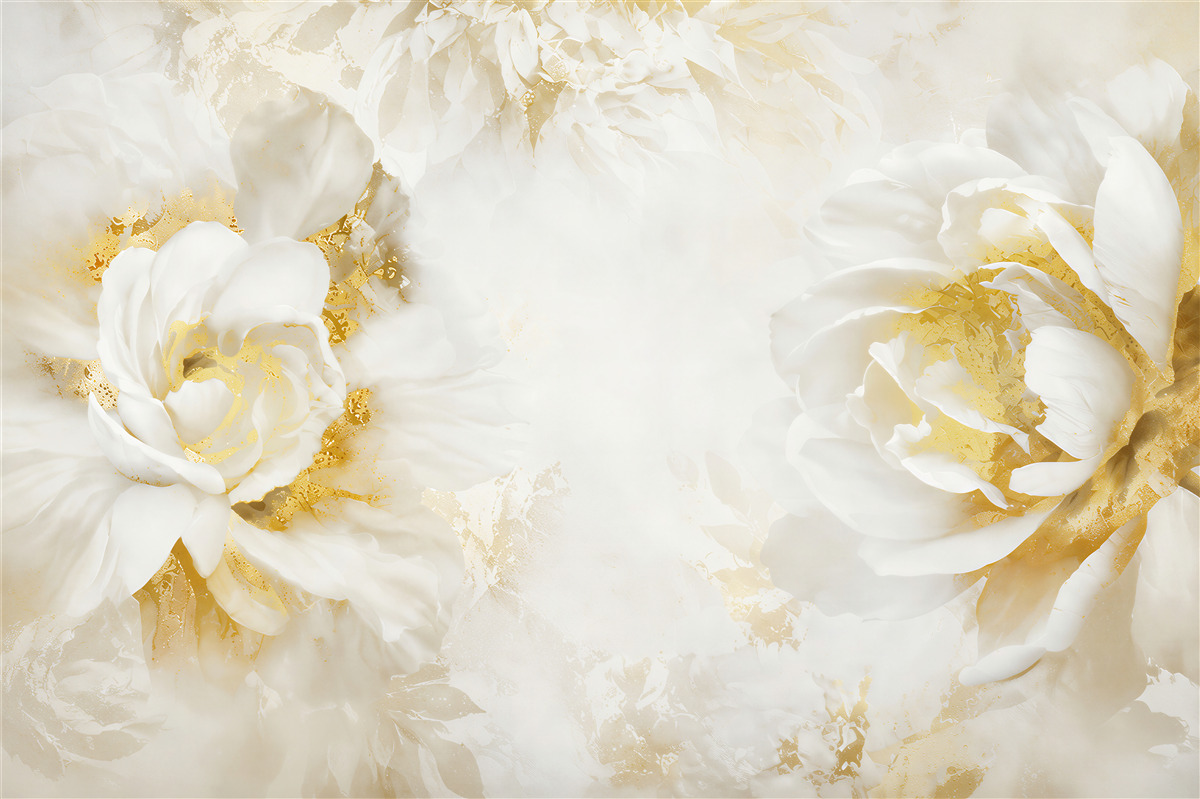 Fotobehang Witte bloemen met goud
