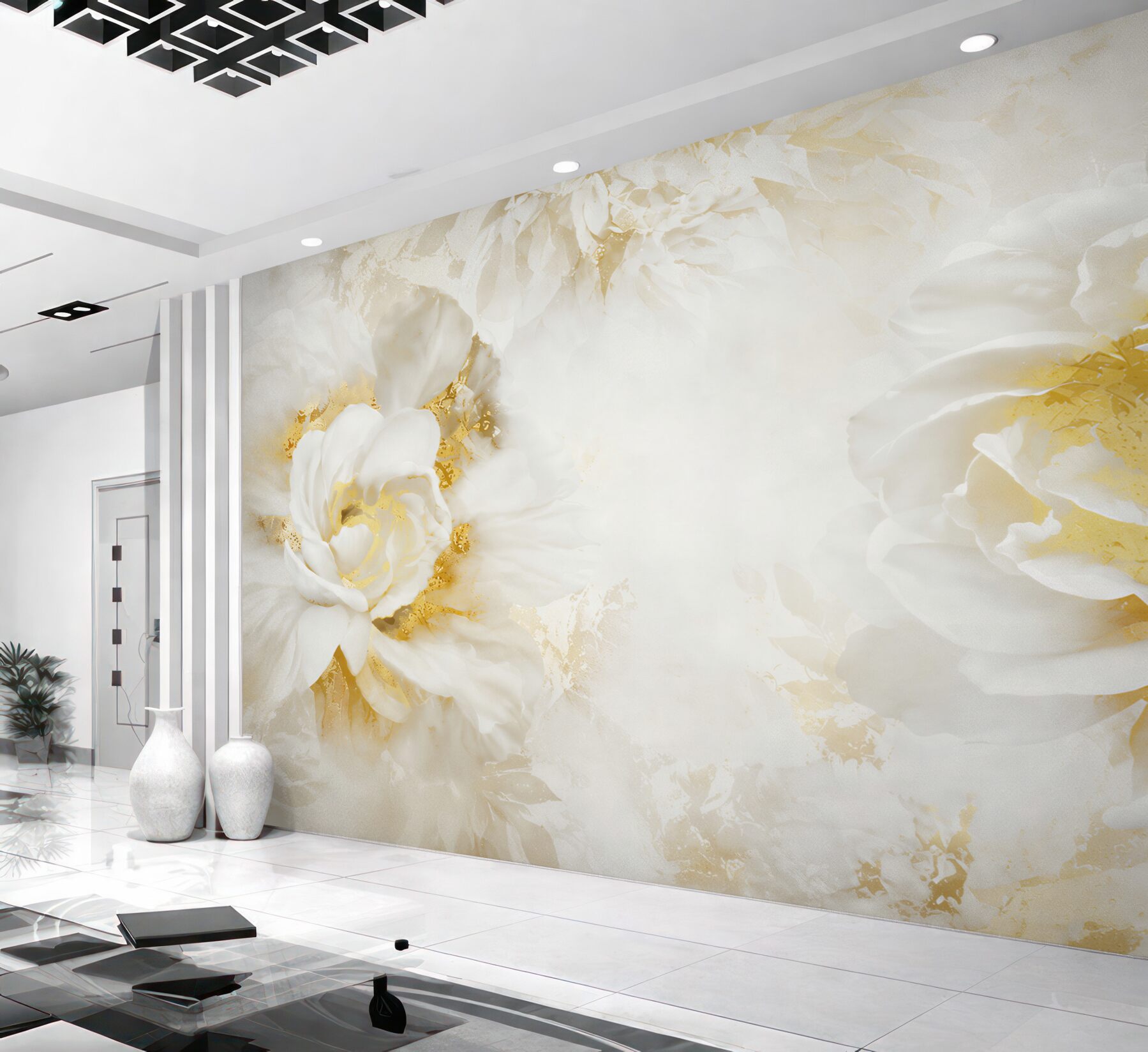 Fotobehang Witte bloemen met goud