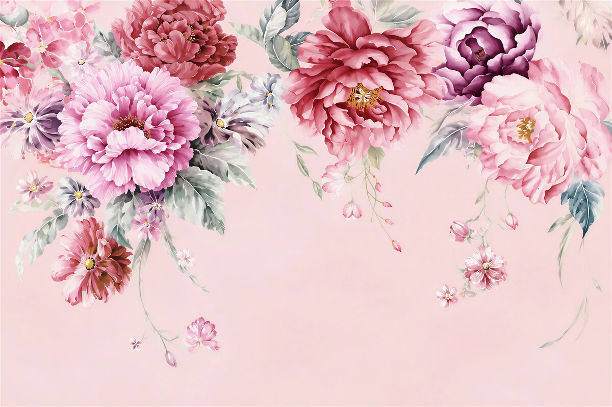 Fotobehang roze bloemen geschilderd met aquarel