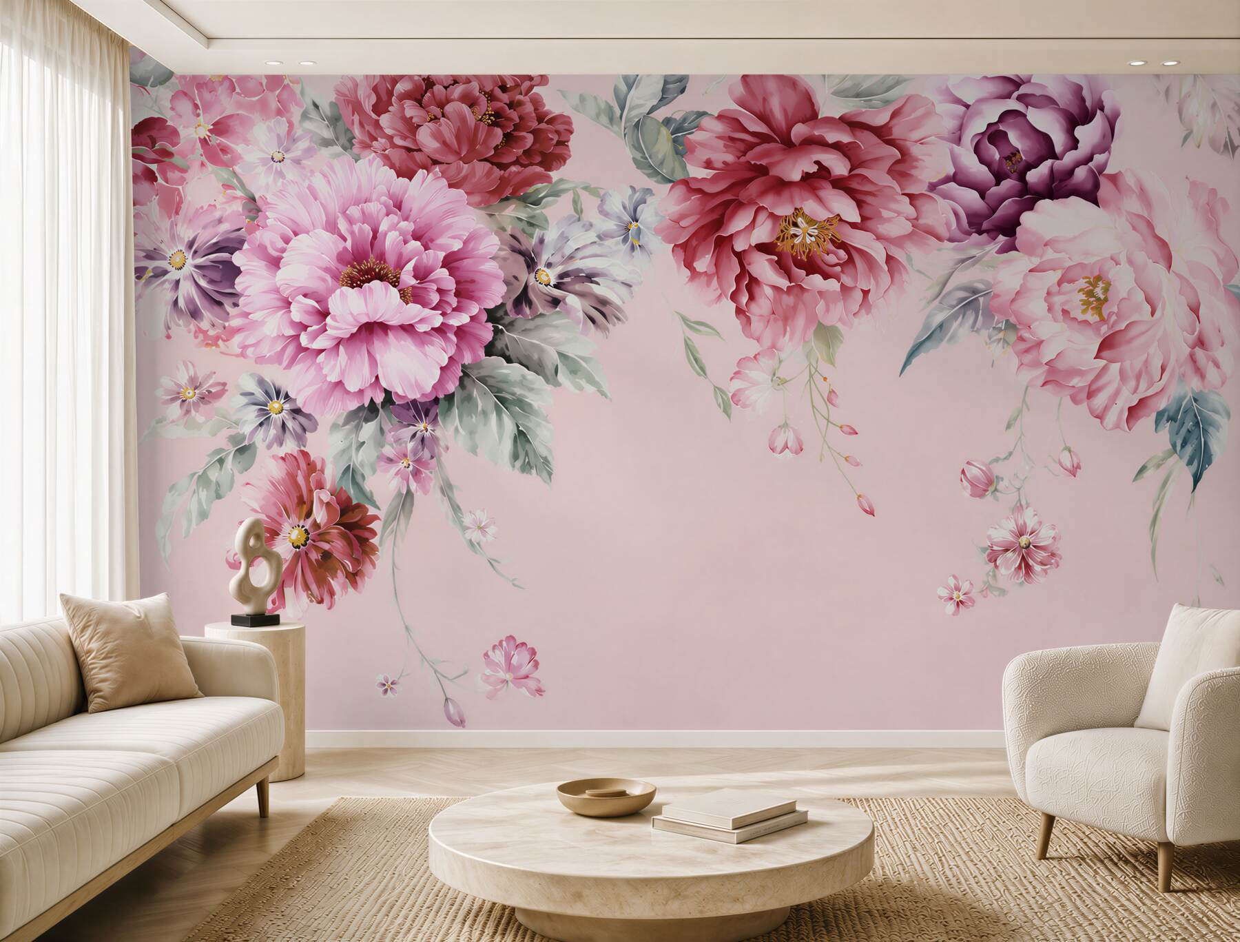 Fotobehang roze bloemen geschilderd met aquarel