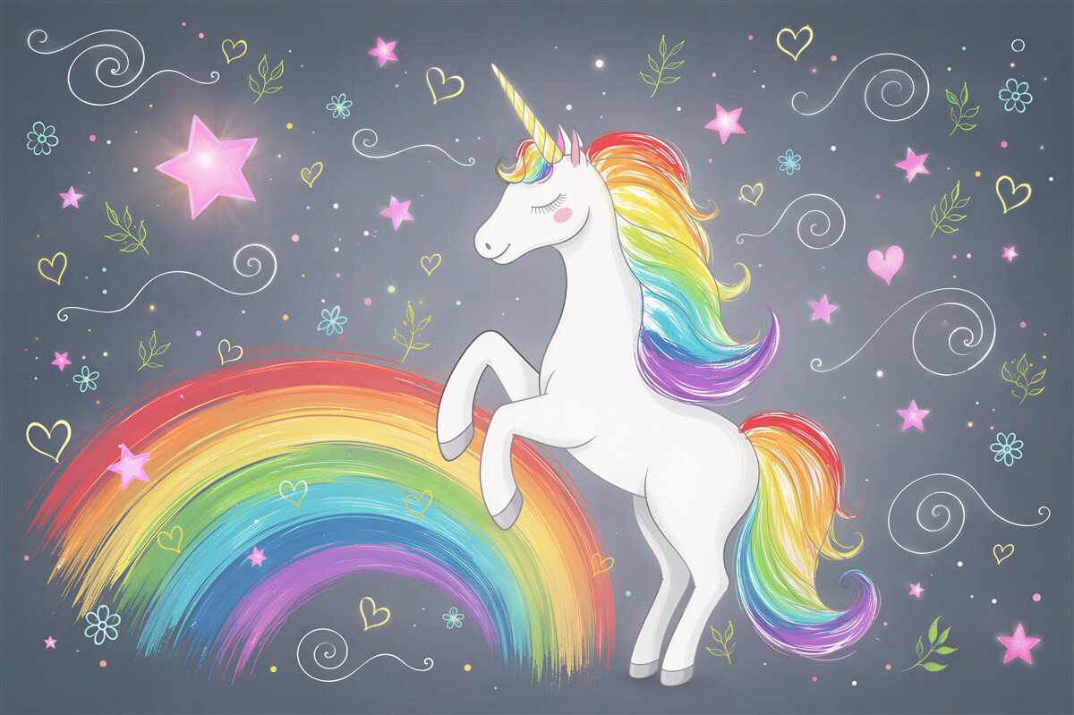 Fotobehang Eenhoorn op de regenboog