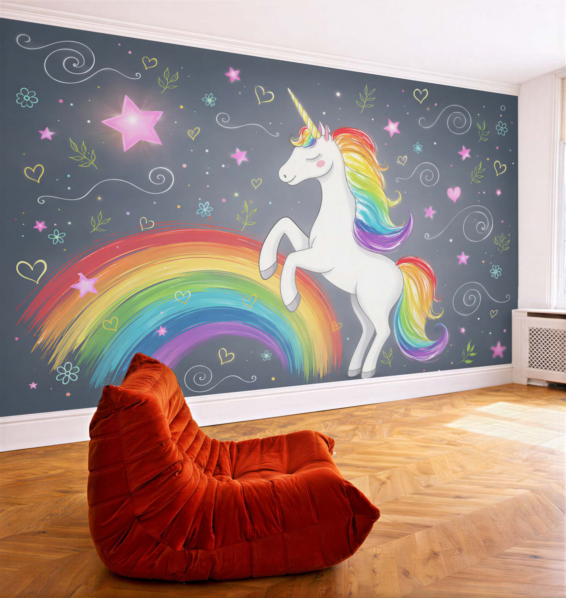 Fotobehang Eenhoorn op de regenboog