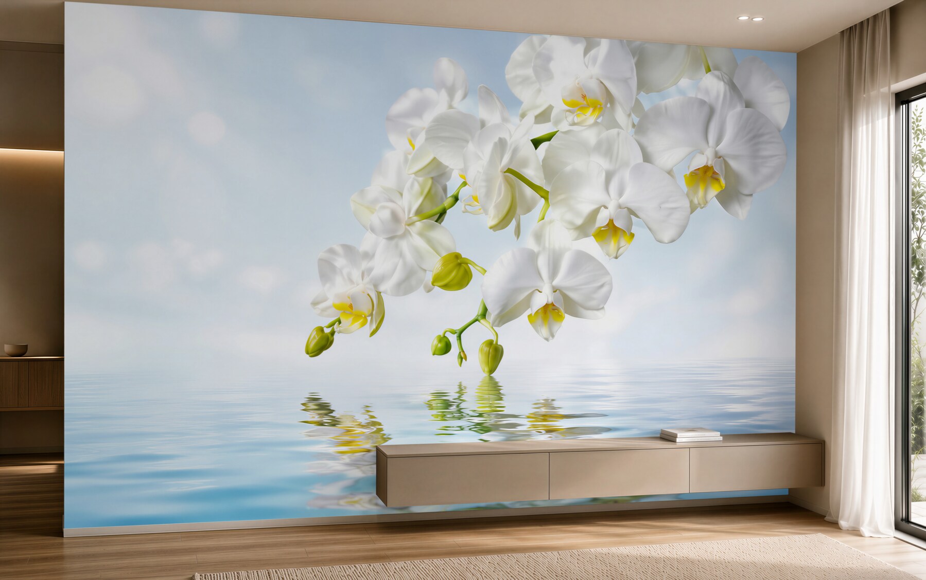Fotobehang tak van een witte orchidee bij rustig water