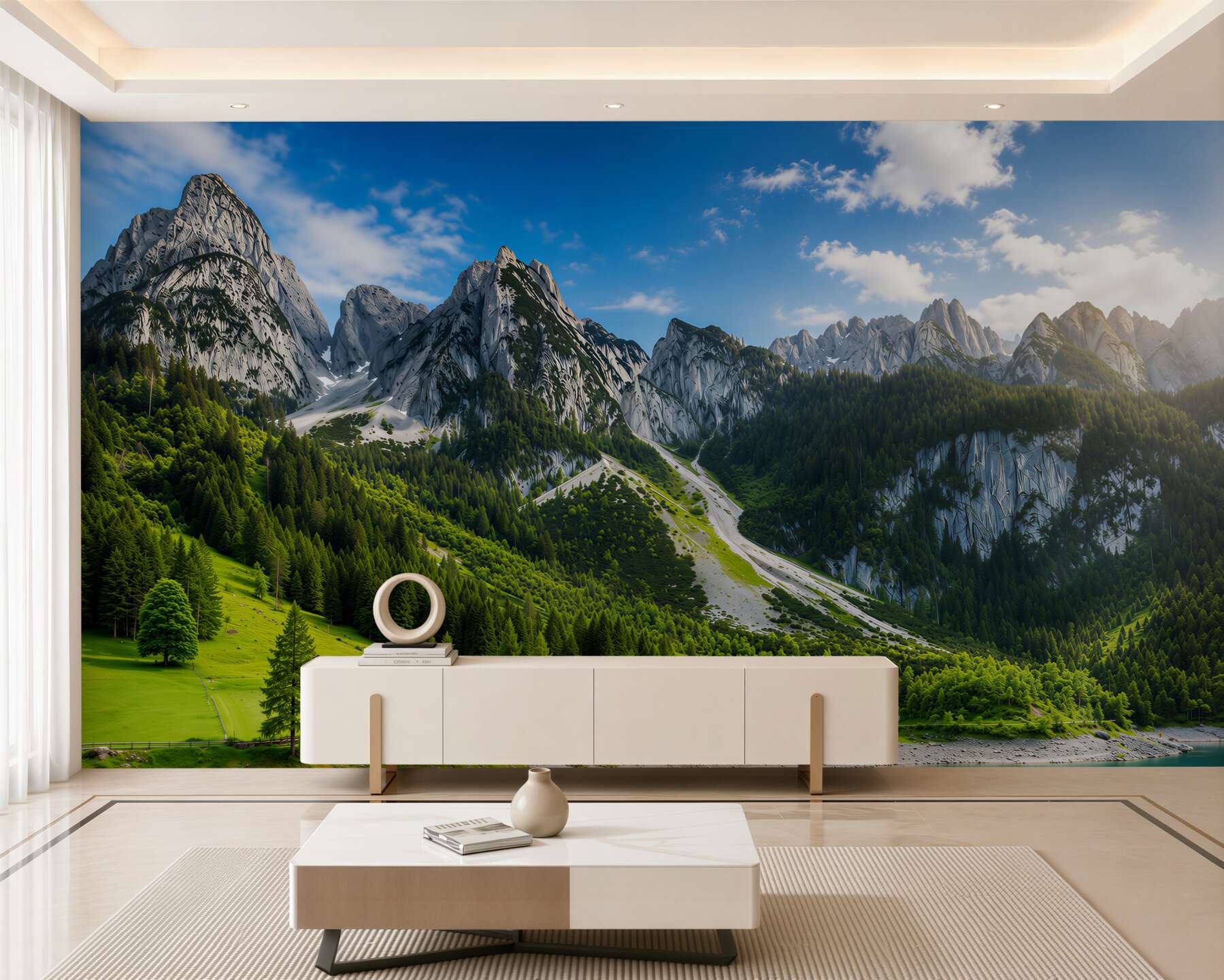Fotobehang besneeuwde bergtoppen en groene bos