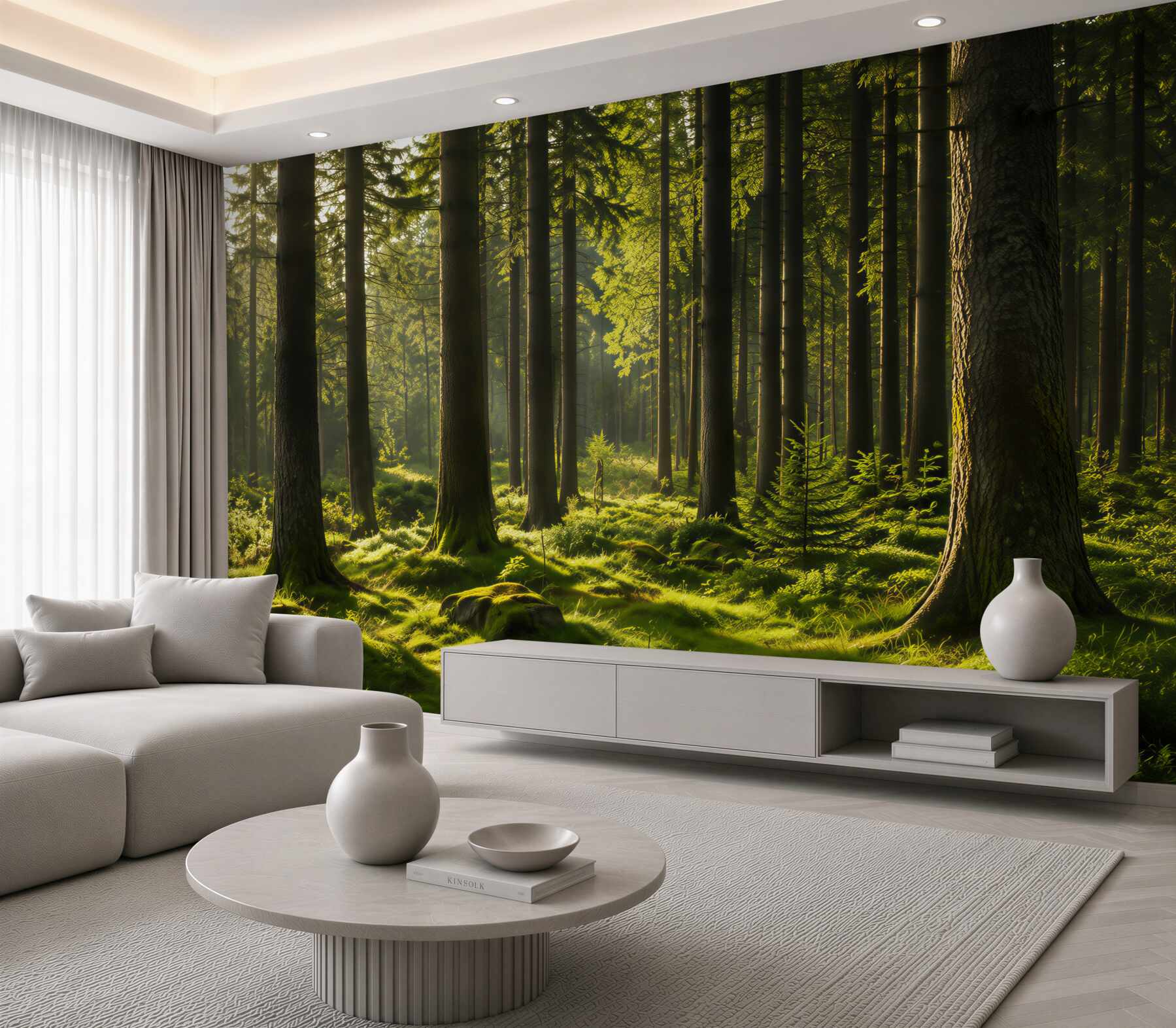 Fotobehang slanke oude bomen en groene mos