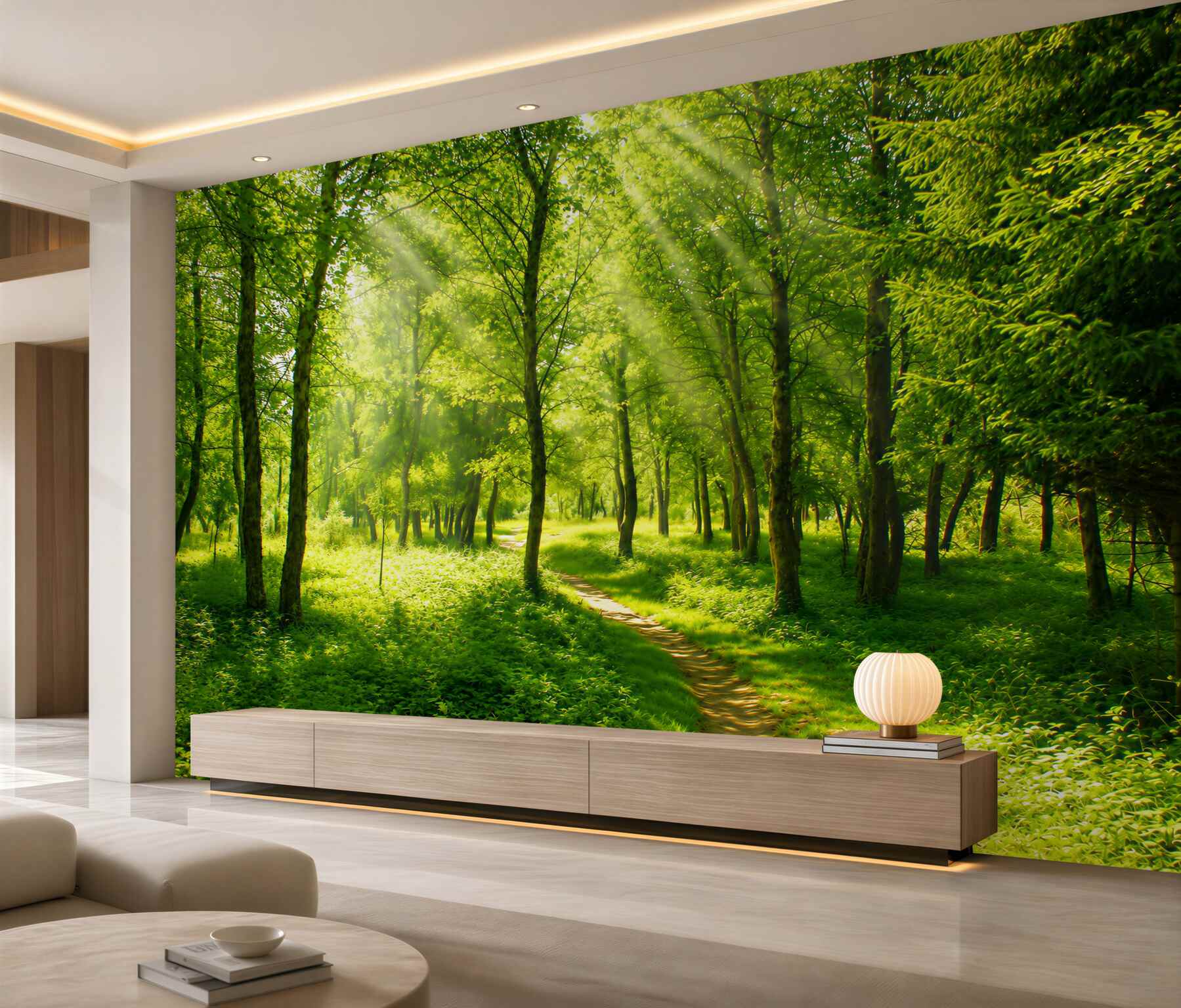 Fotobehang zonnestralen die een dichte, jonge bos doorkruisen