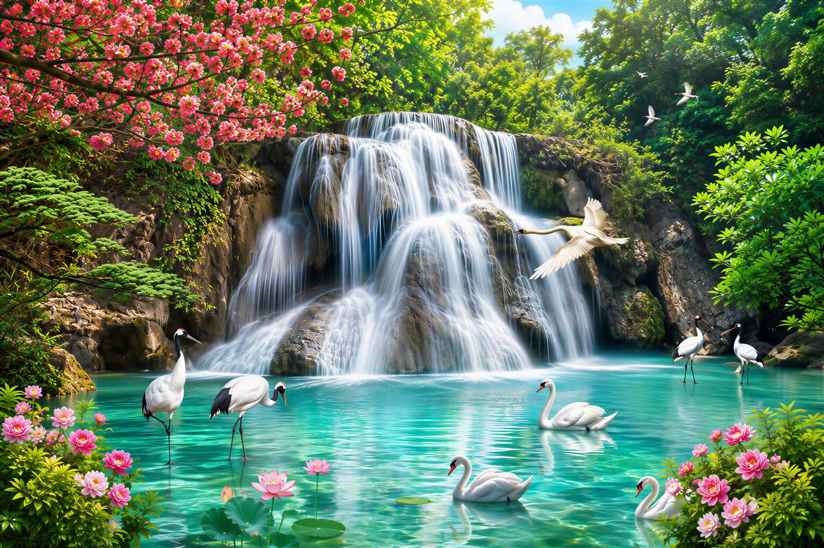 Fotobehang waterval en zwanen in azuurblauw water