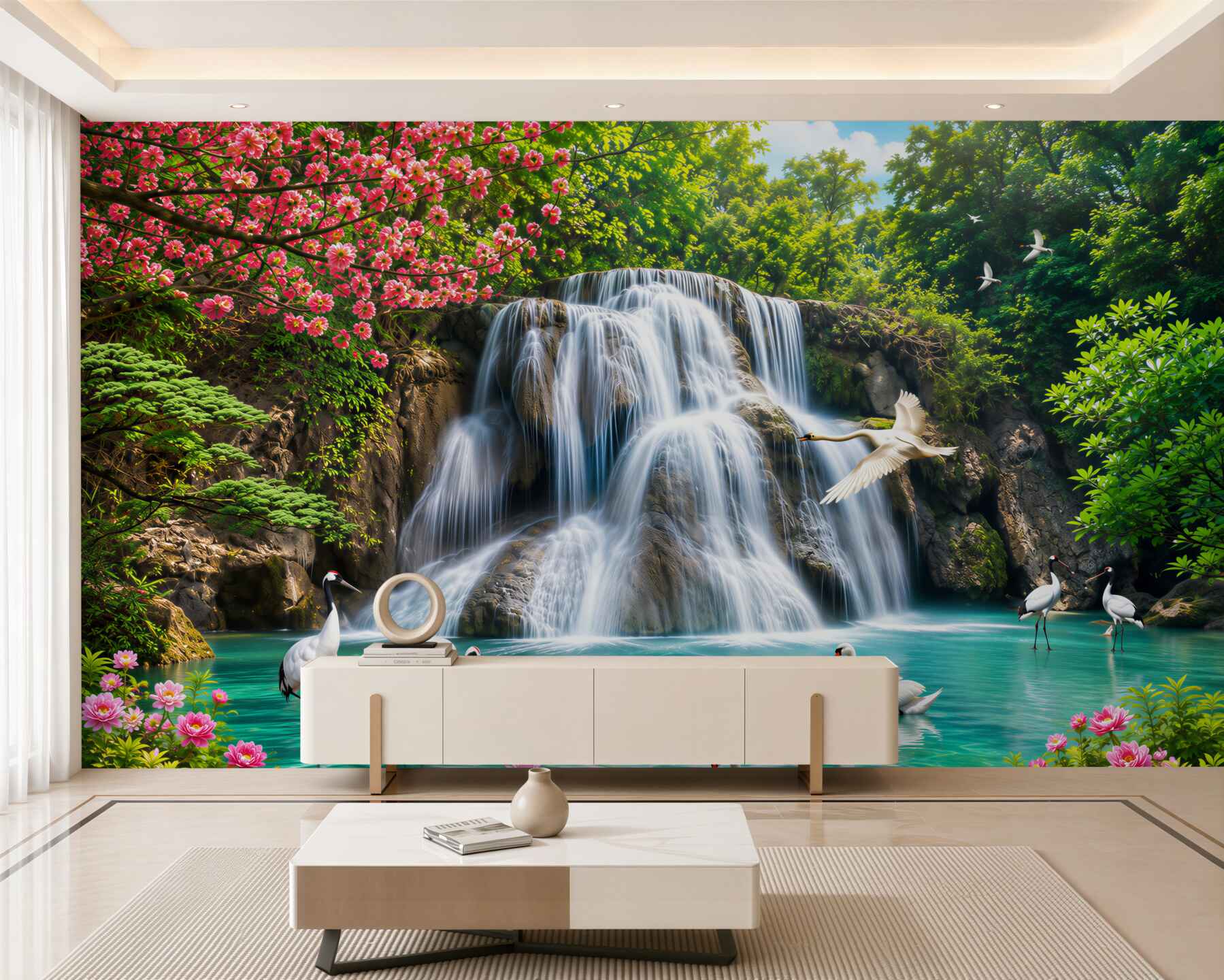 Fotobehang waterval en zwanen in azuurblauw water