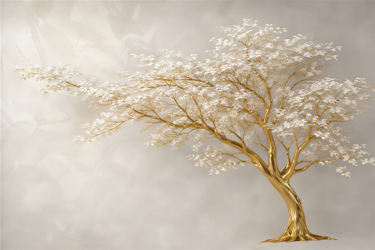 Fotobehang grote boom met veel takken en witte bloemen