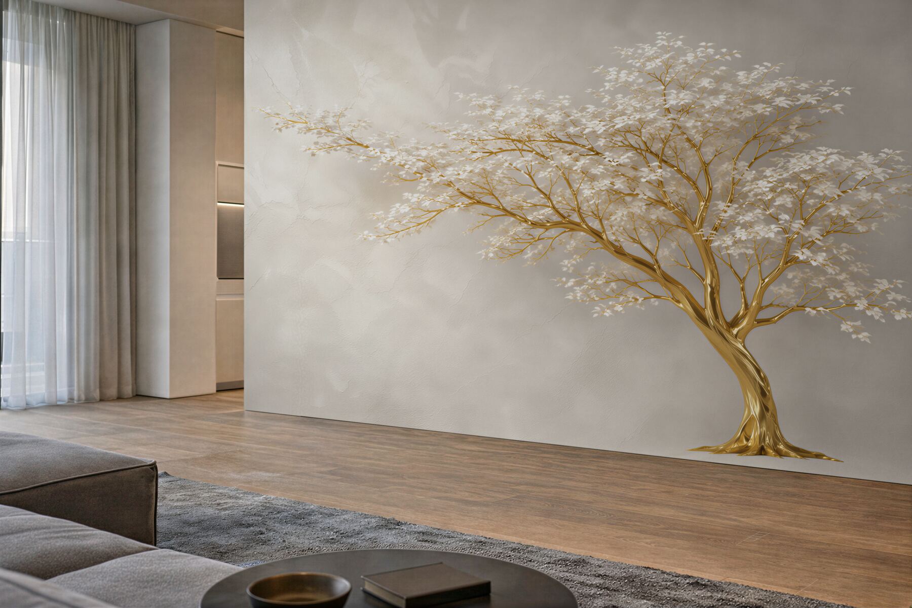 Fotobehang grote boom met veel takken en witte bloemen