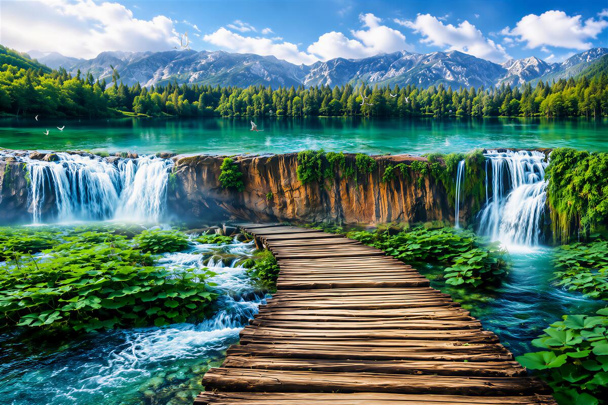 Fotobehang uitkijkpunt voor een waterval