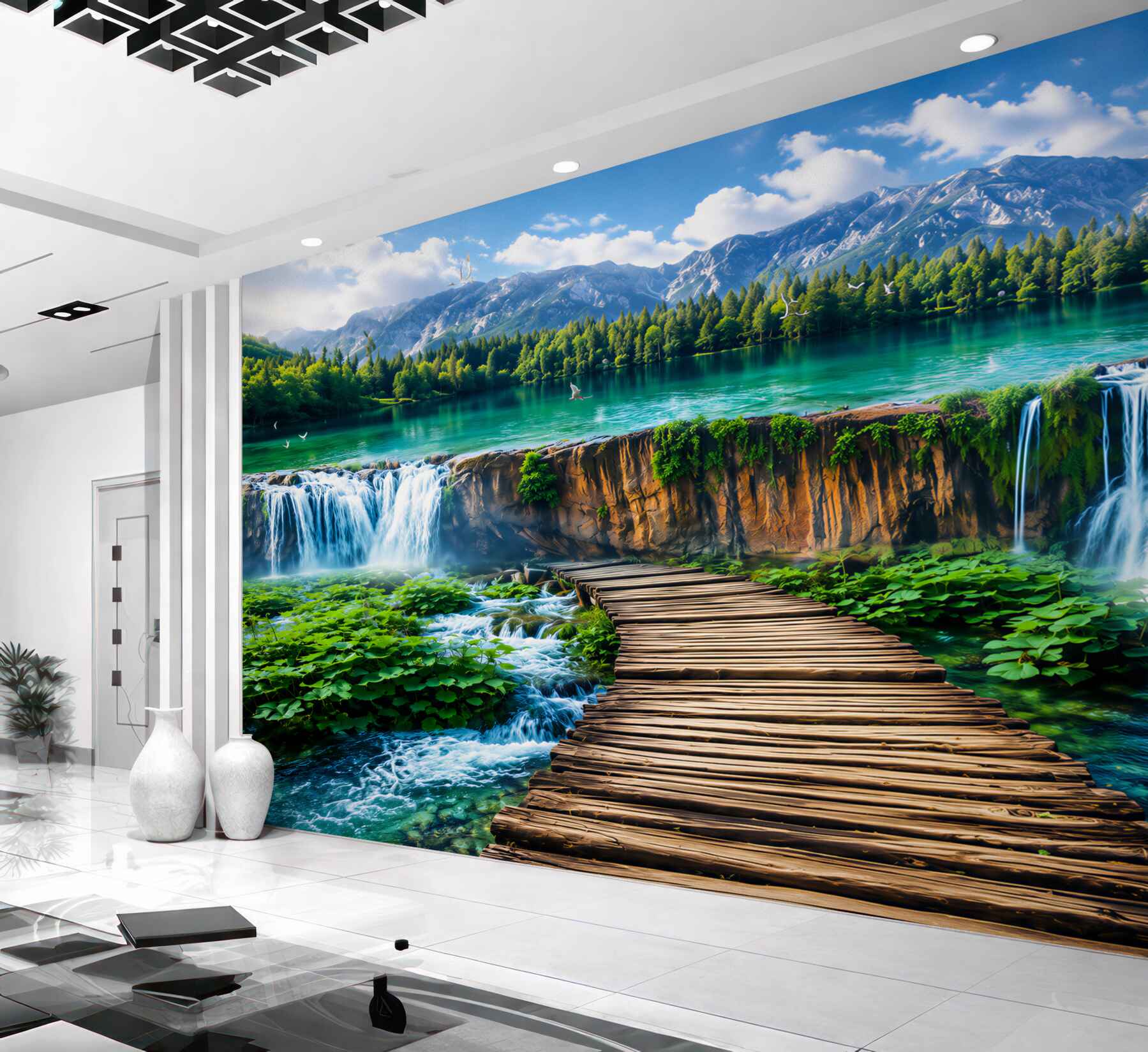 Fotobehang uitkijkpunt voor een waterval