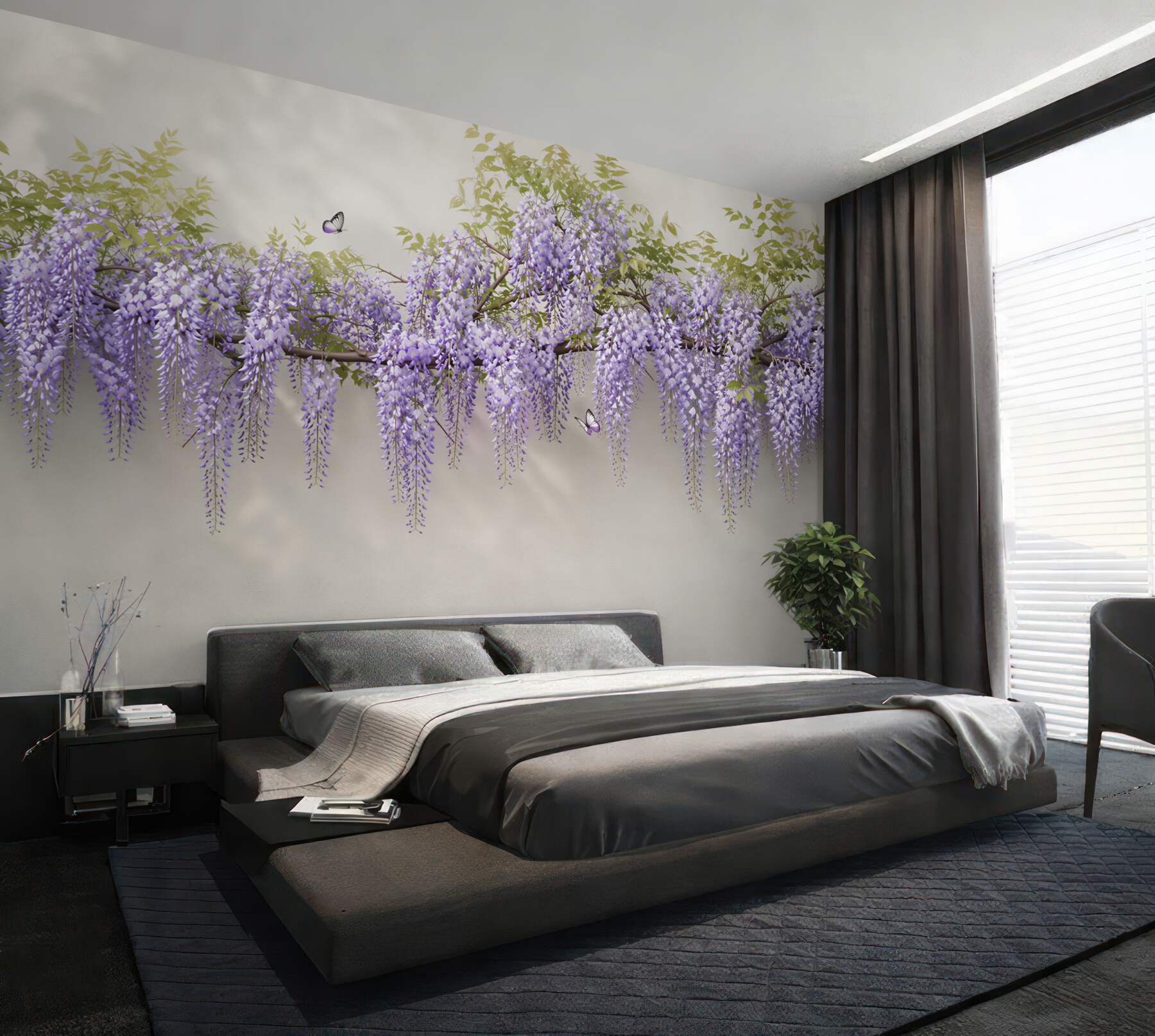 Fotobehang vlinders die draaien bij paarse bloemen