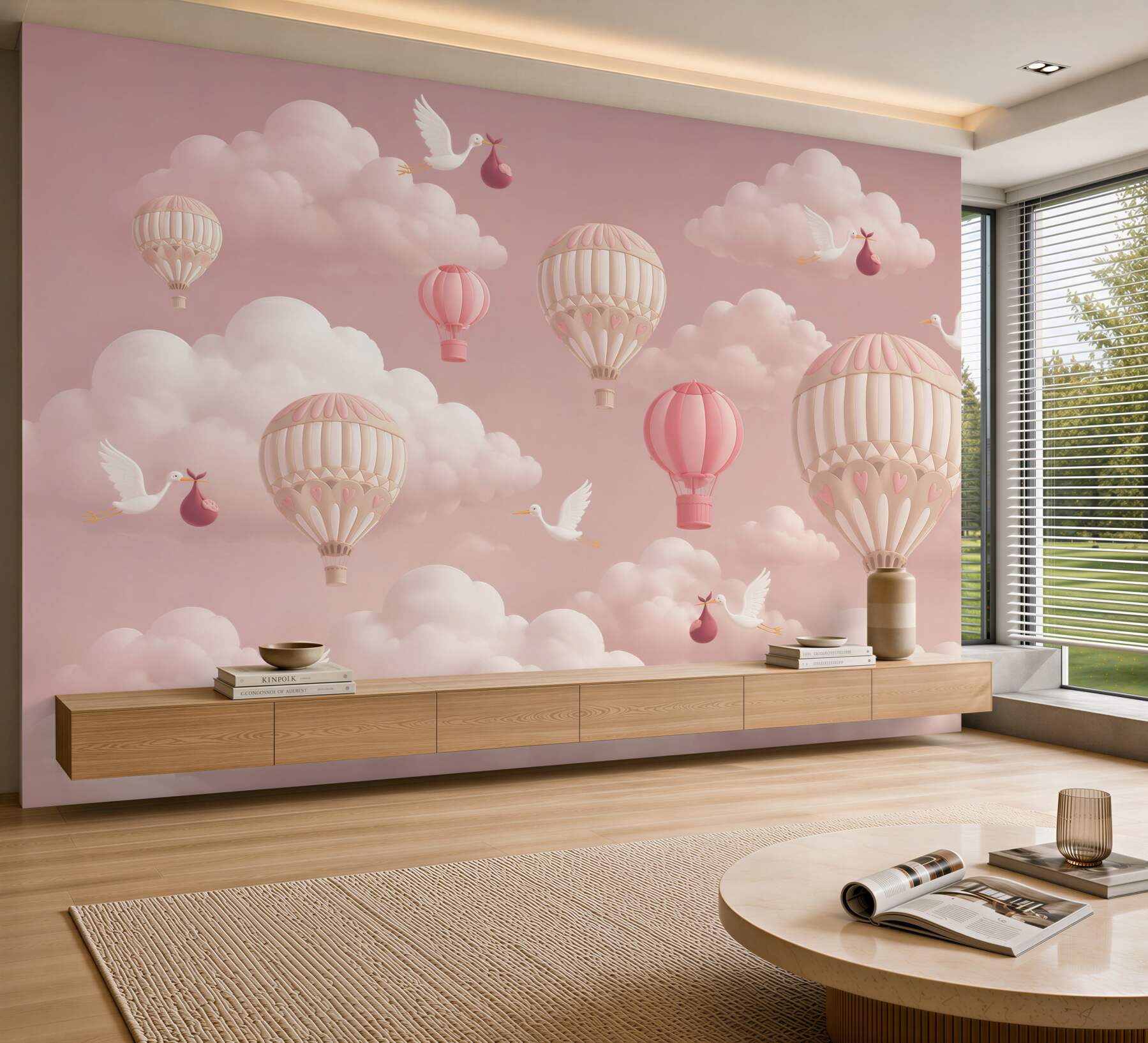 Fotobehang Ooievaars die kinderen tussen ballonnen dragen