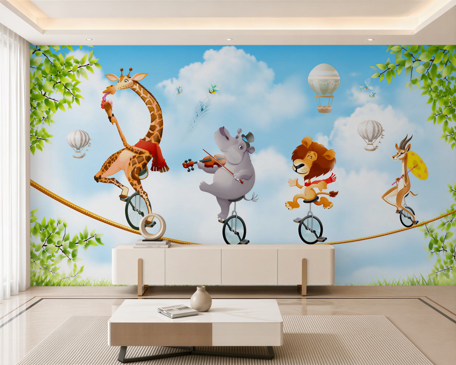 Fotobehang Dieren op touwen en monocycle