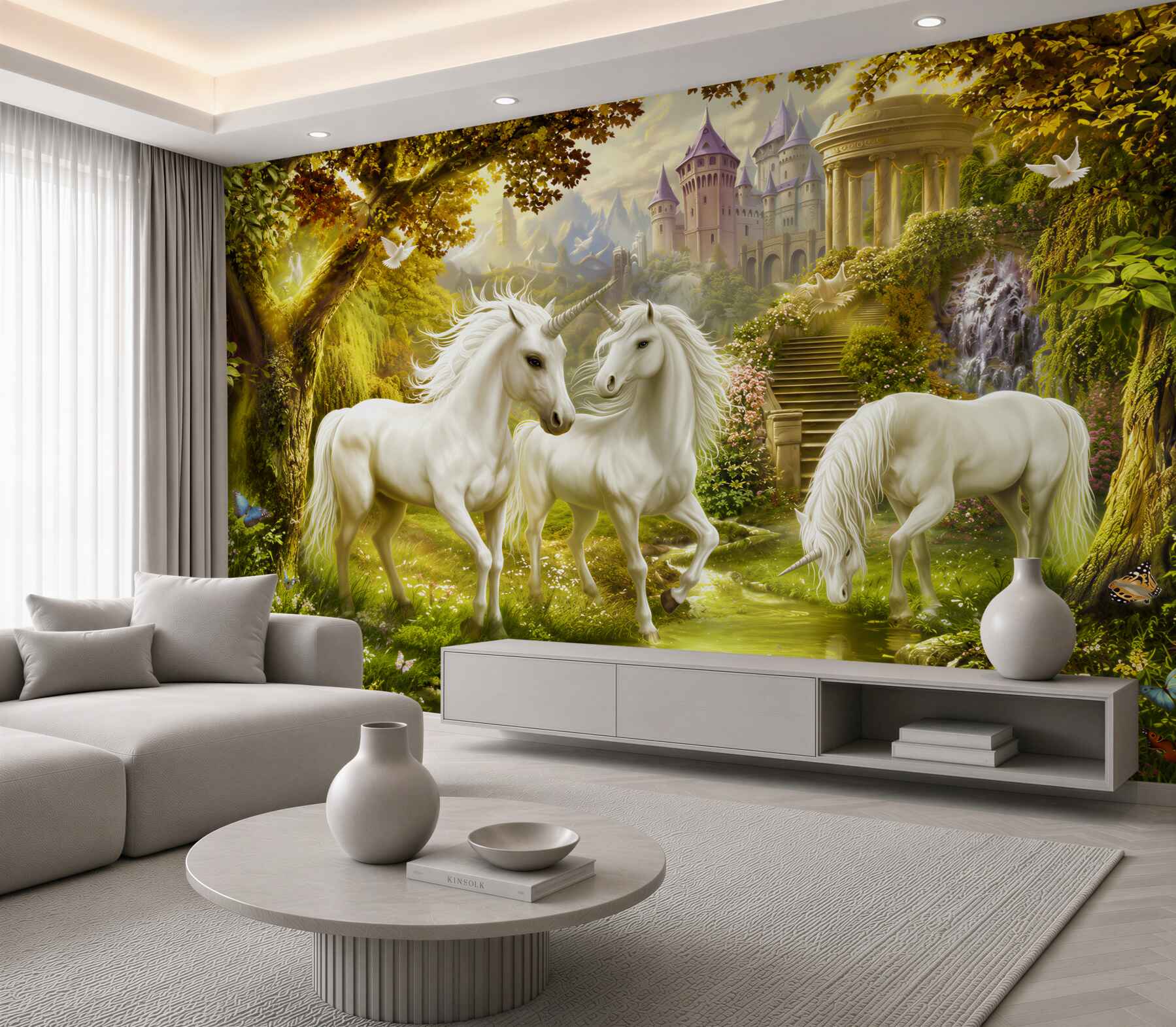 Fotobehang Witte eenhoorns in het bos nabij het kasteel