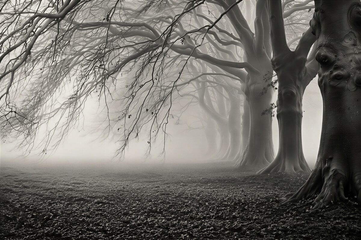 Fotobehang bomen in een mistig bos