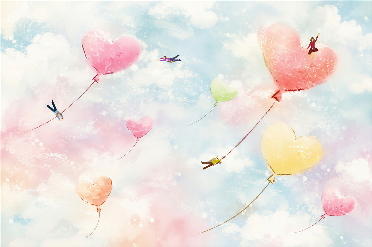 Fotobehang mensen die in hartvormige ballonnen vliegen
