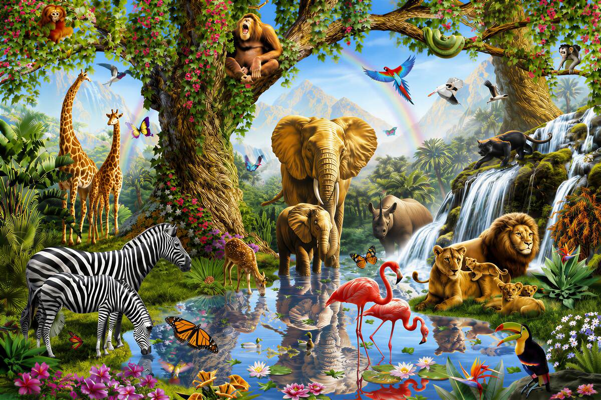 Fotobehang Glanzend bos met verschillende dieren