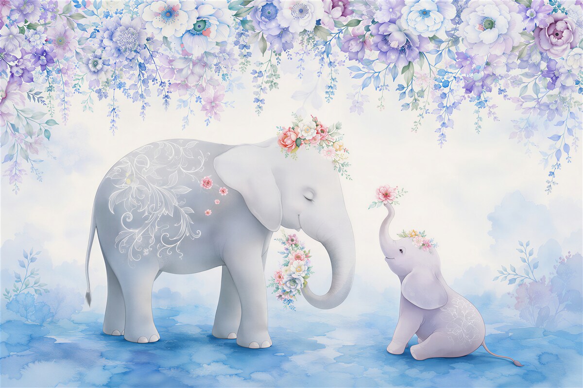 Fotobehang Olifant en olifantenbaby in bloemen