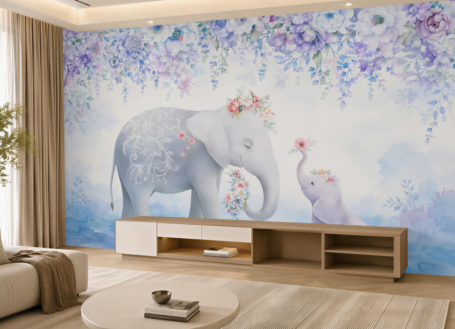 Fotobehang Olifant en olifantenbaby in bloemen