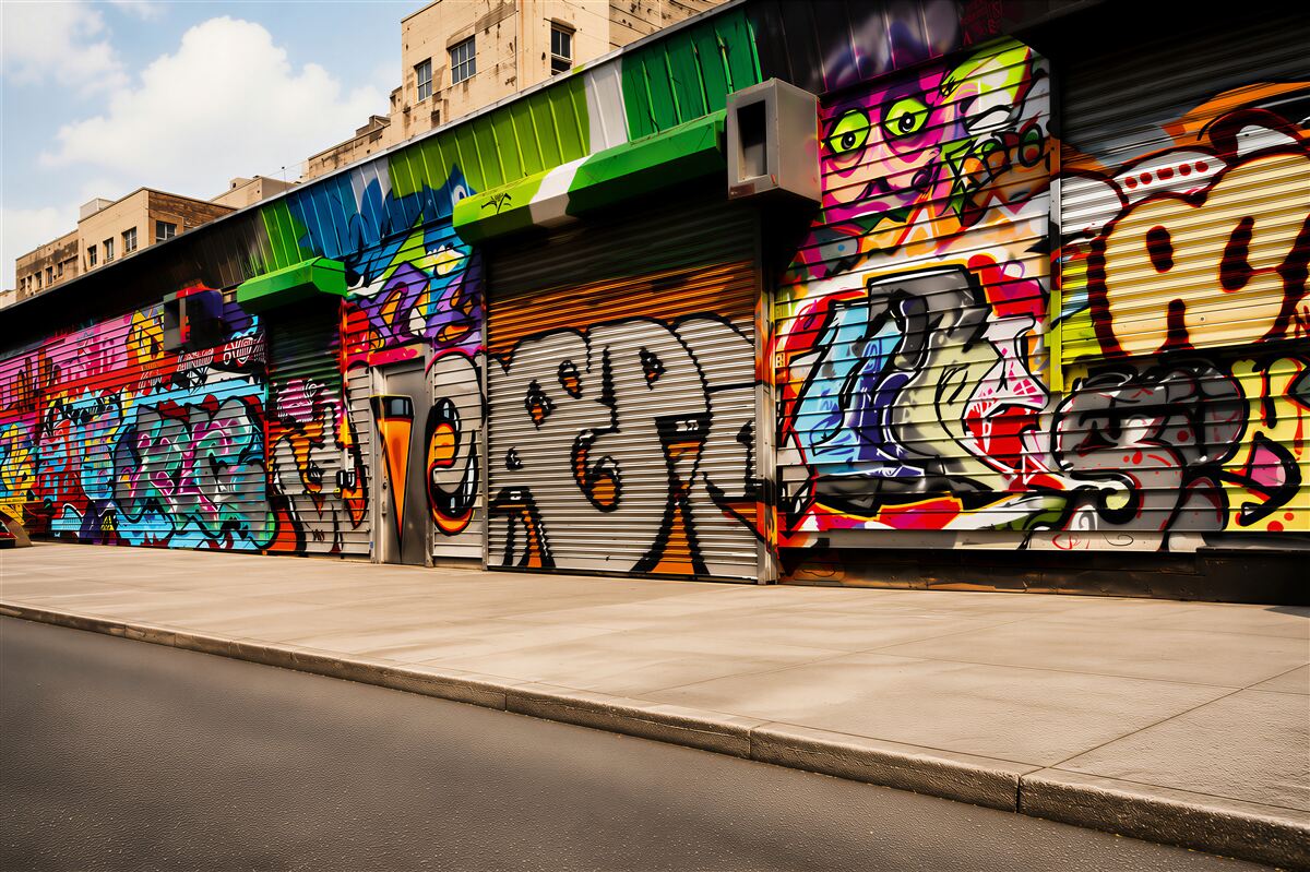 Fotobehang Straathuizen geschilderd met graffiti