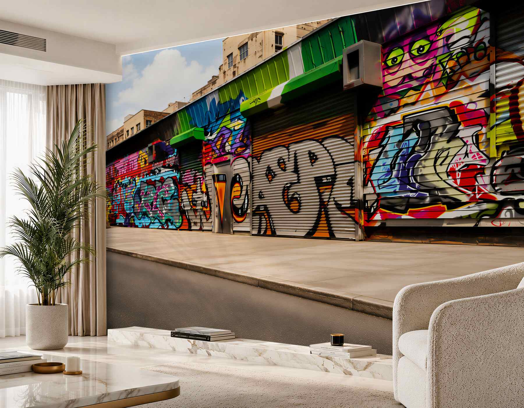 Fotobehang Straathuizen geschilderd met graffiti