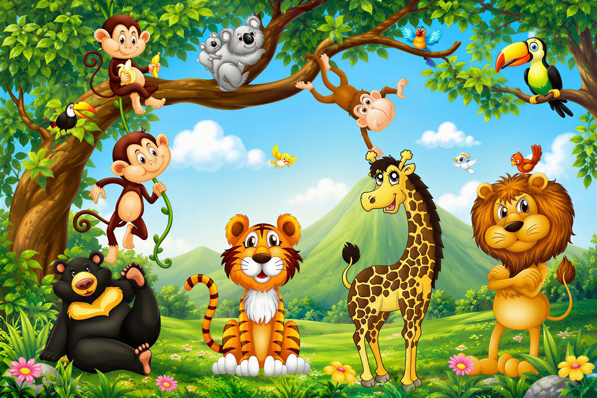 Fotobehang Verschillende dieren op een bosweide