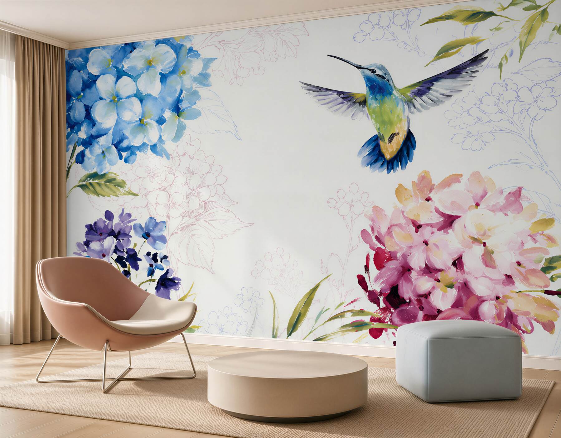 Fotobehang Kolibrie getekend rond bloemen