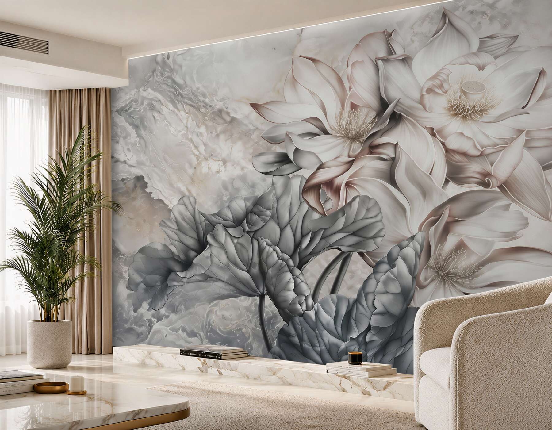 Fotobehang grote bijzondere bloemen getekend