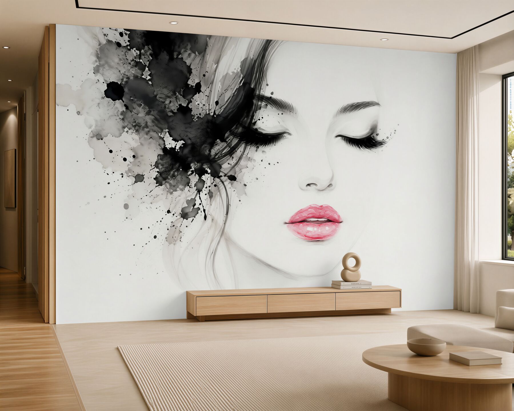 Fotobehang Tekenfilm meisje met gesloten ogen en rode lippen