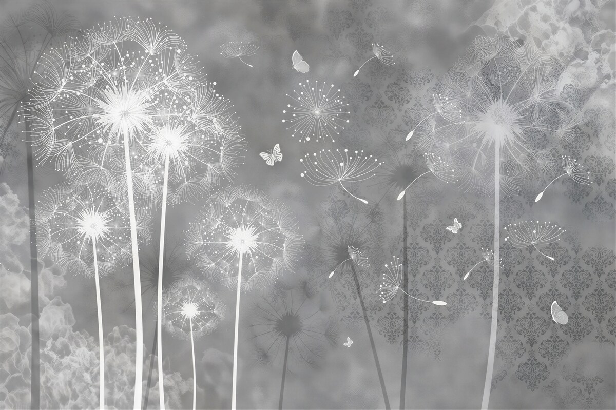 Fotobehang Grijze achtergrond met witte silhouetten van paardenbloemen