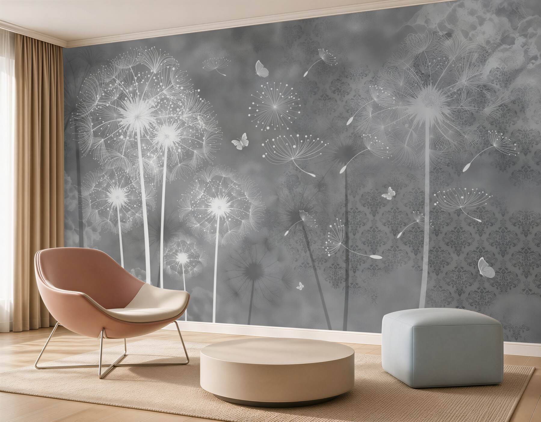Fotobehang Grijze achtergrond met witte silhouetten van paardenbloemen