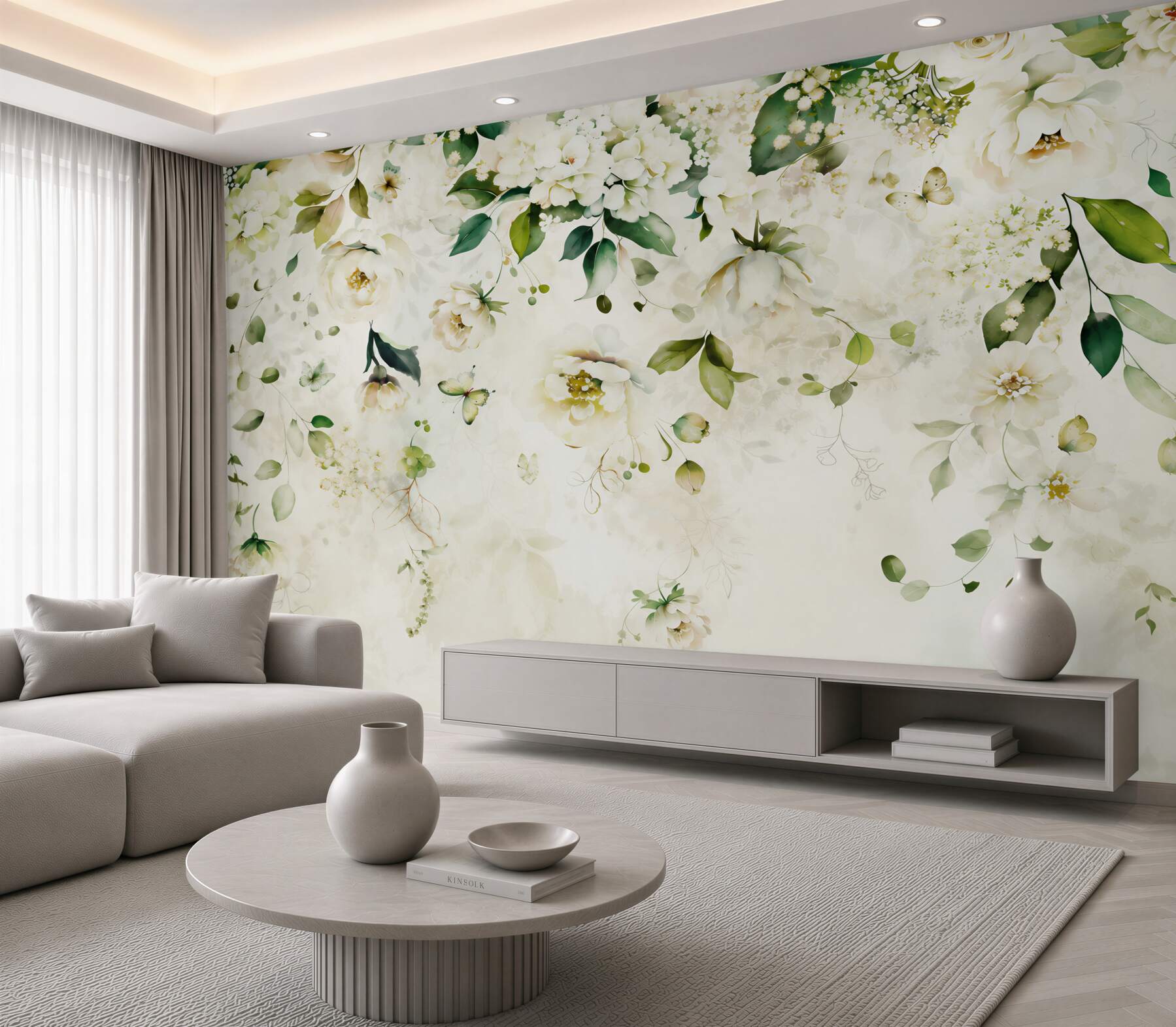 Fotobehang Hangende takken met witte bloemen