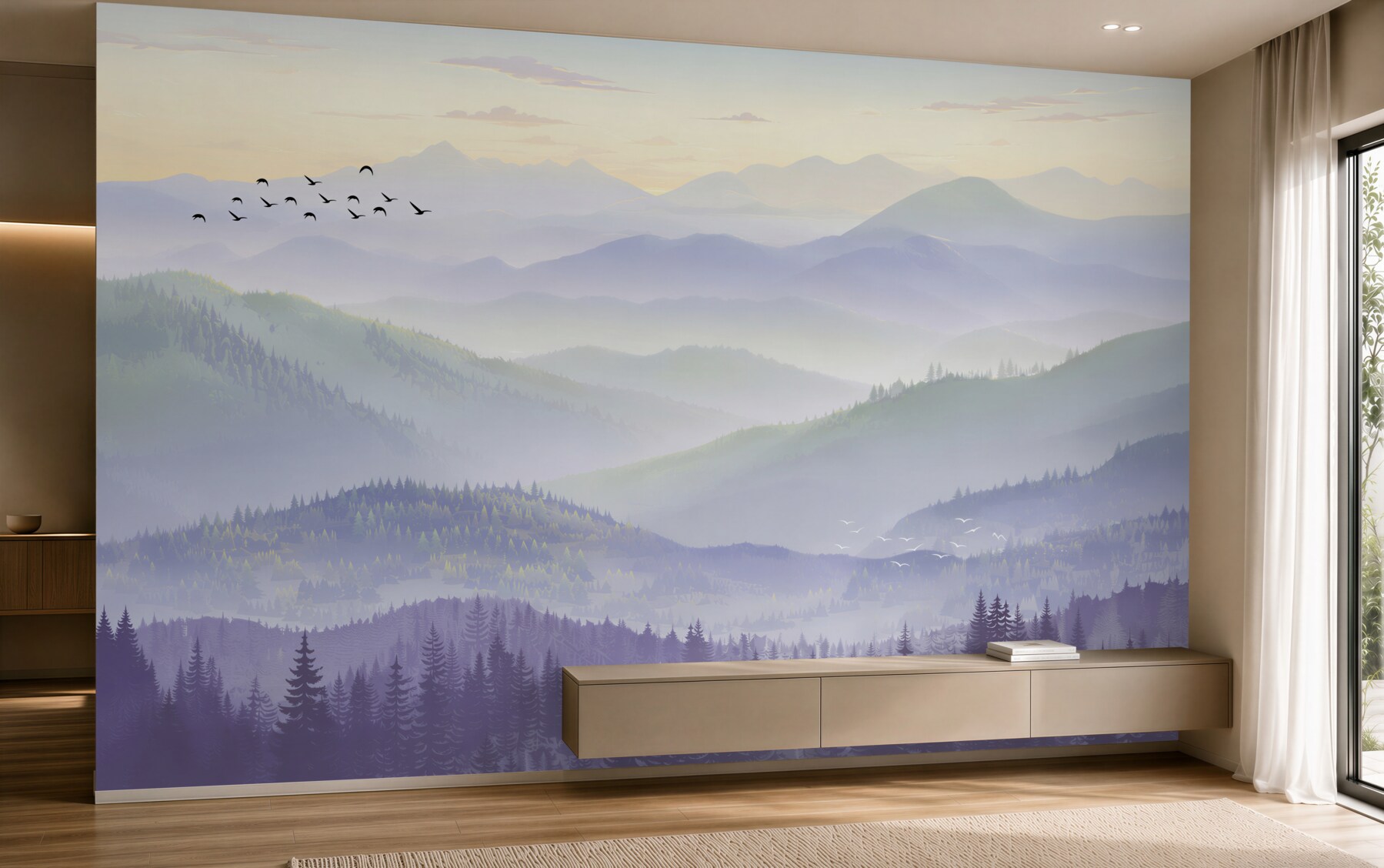 Fotobehang vogels vliegen in een slapende bos