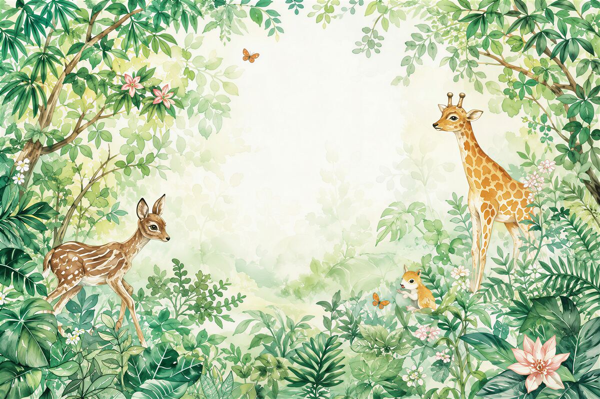Fotobehang ontmoeting tussen een giraffe en een hert
