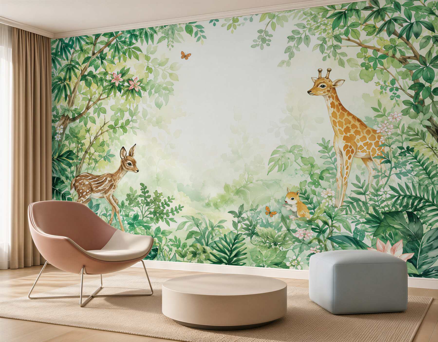 Fotobehang ontmoeting tussen een giraffe en een hert