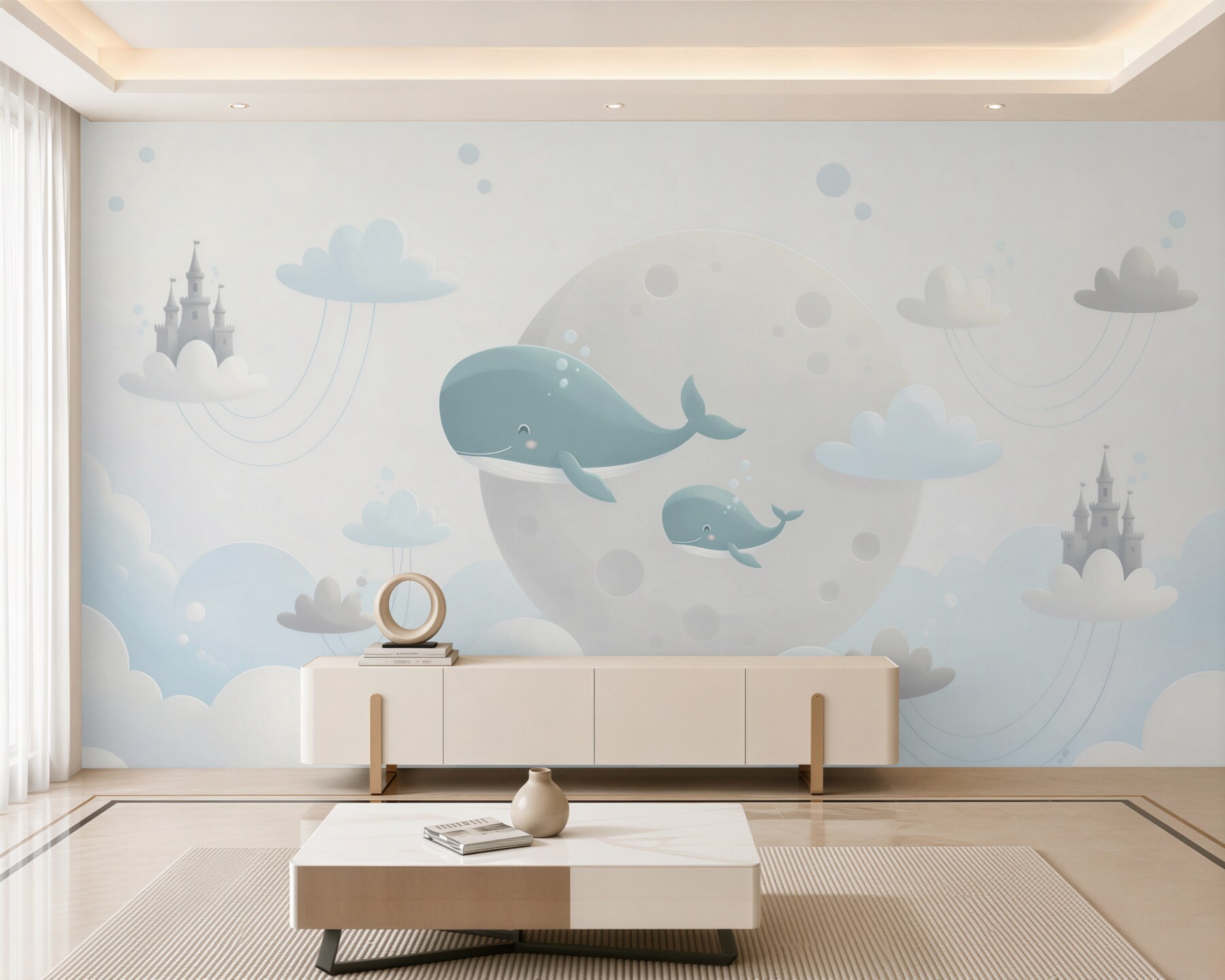 Fotobehang familie walvissen die door de wolken vliegen