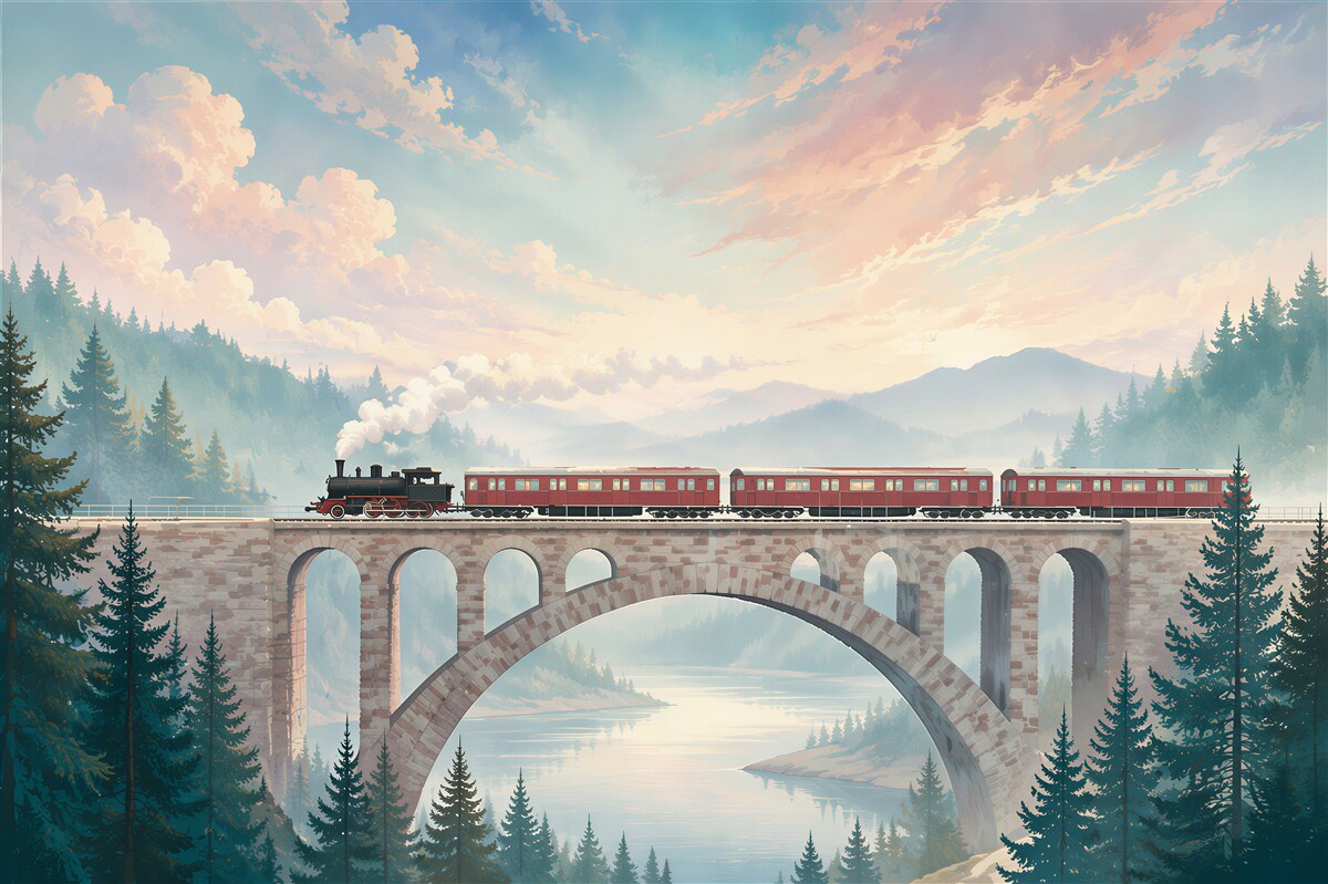Fotobehang Trein rijdt over een brug