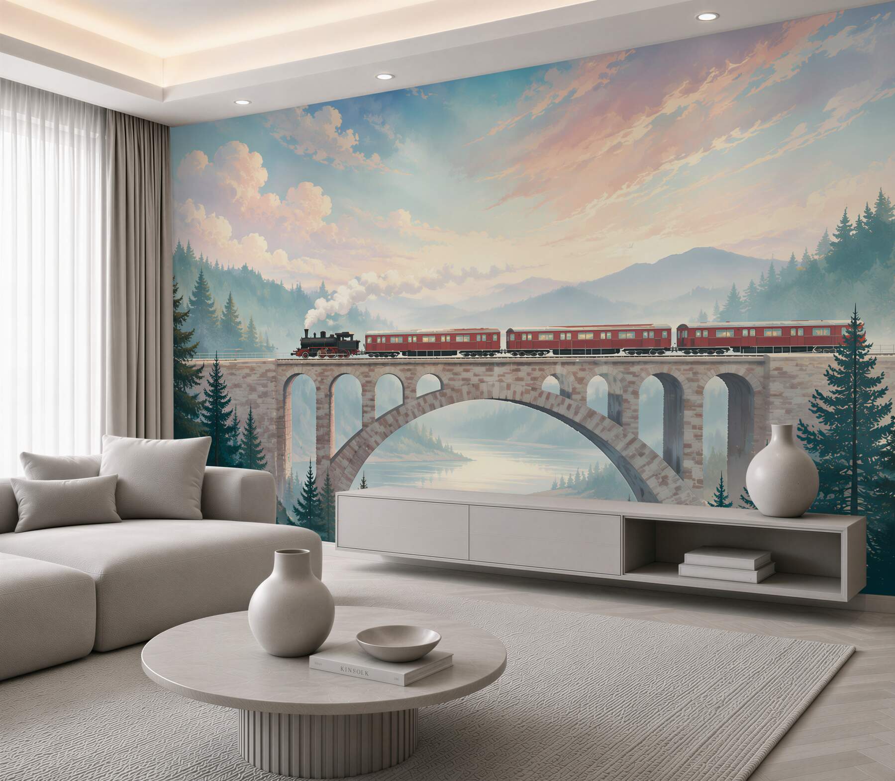 Fotobehang Trein rijdt over een brug