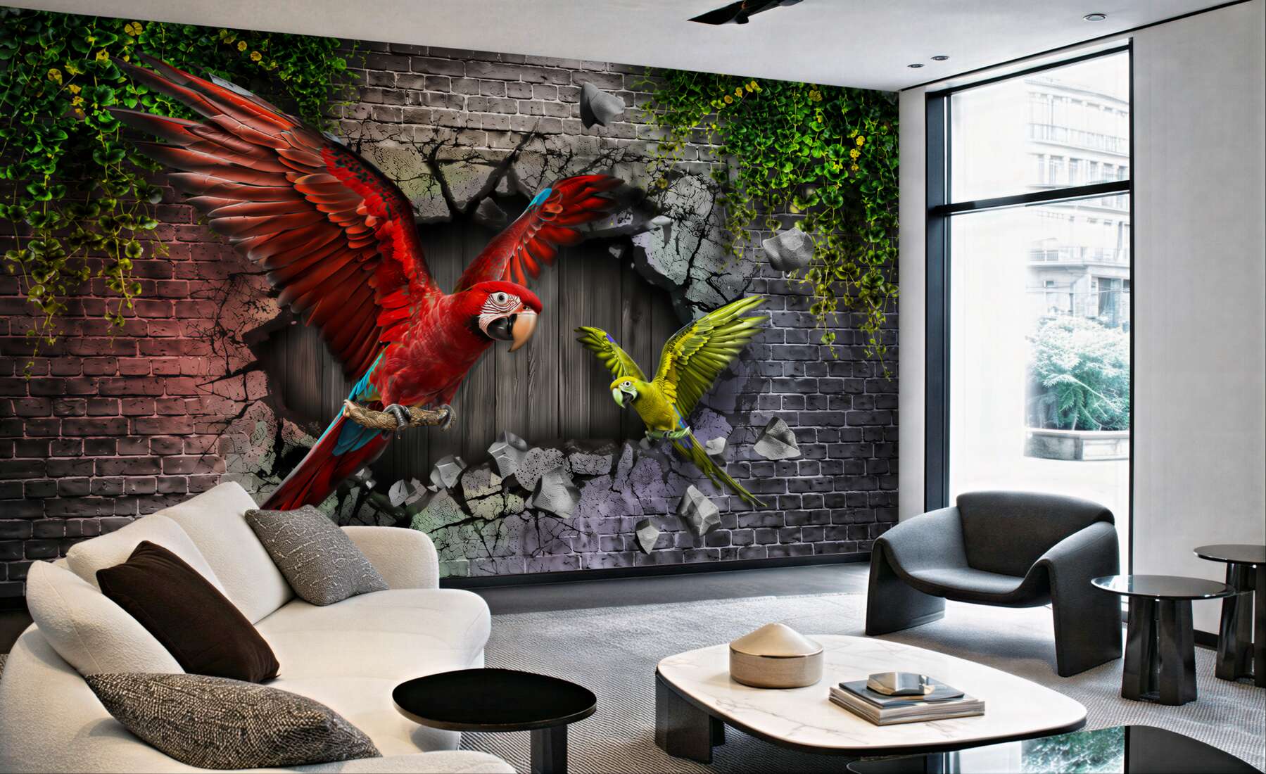 Fotobehang Papegaaien vliegen door de muur