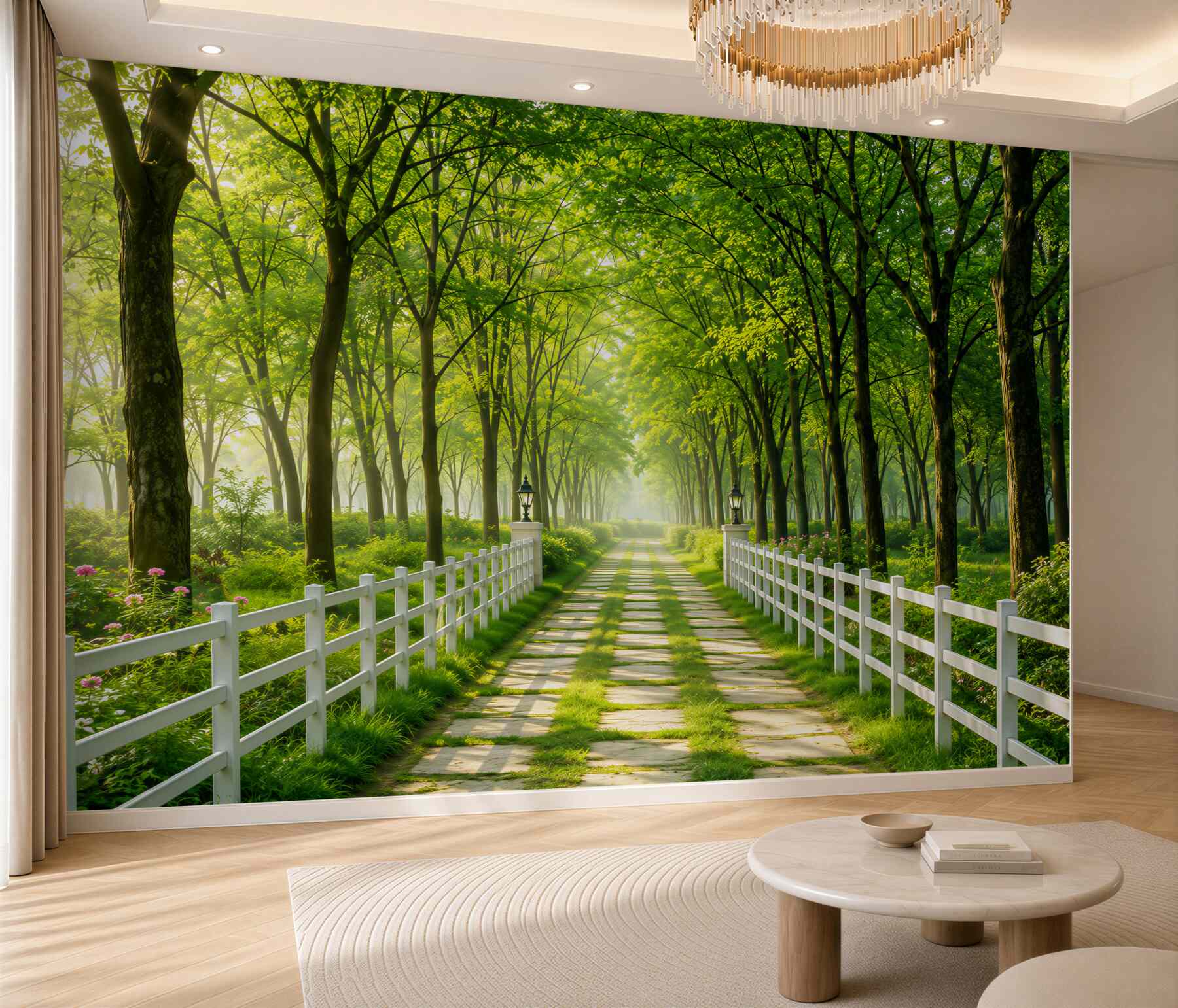 Fotobehang Dichte groene bos en bloeiende pad